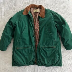 Eddie Bauer Women’s Forest Green Goose Down Barn Jacket Leather Collar Plaid Med